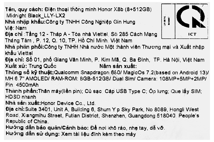 Điện thoại HONOR X8b 8GB/512GB Màu Đen