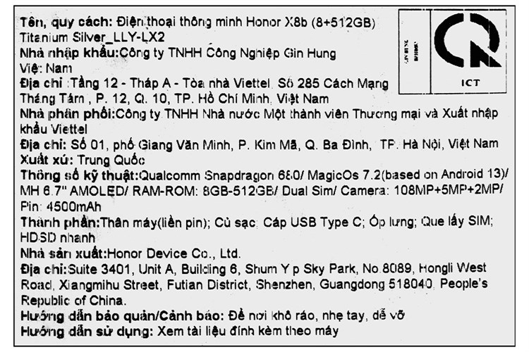 Điện thoại HONOR X8b 8GB/512GB Màu Bạc
