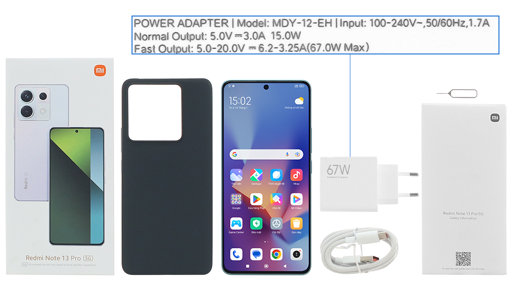 Bộ sản phẩm gồm: Hộp, Sách hướng dẫn, Cây lấy sim, Ốp lưng, Cáp Type C, Củ sạc nhanh rời đầu Type A