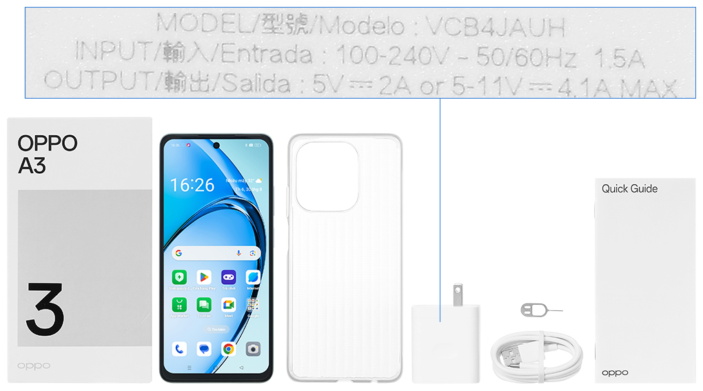 Bộ sản phẩm gồm: Ốp lưng, Sách hướng dẫn, Hộp, Cáp Type C, Cây lấy sim, Củ sạc rời đầu Type A