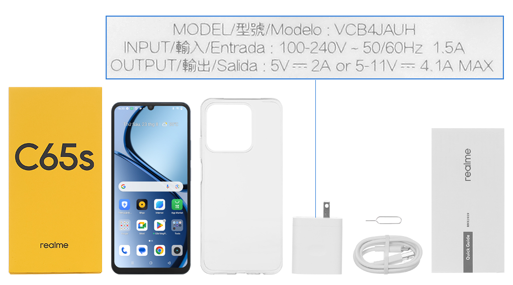 Bộ sản phẩm gồm: Hộp, Sách hướng dẫn, Cây lấy sim, Ốp lưng, Cáp Type C, Củ sạc nhanh rời đầu Type A