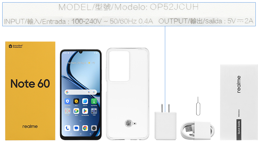 Bộ sản phẩm gồm: Cáp Type C, Củ sạc nhanh rời đầu Type A, Cây lấy sim, Hộp, Sách hướng dẫn, Ốp lưng