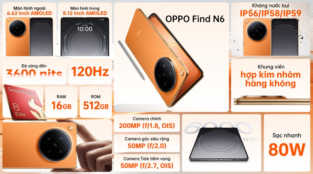 Điện thoại OPPO Find N6 5G 16GB/512GB Titan xanh
