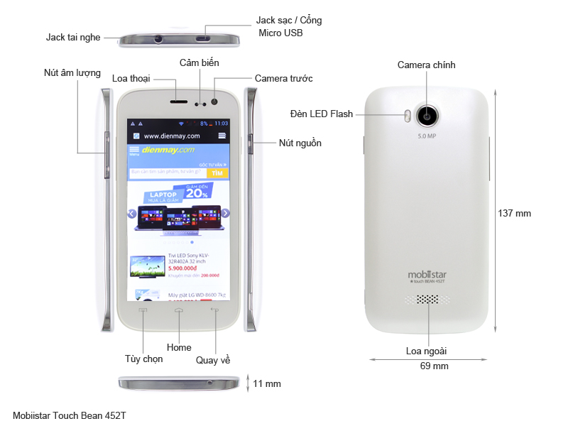 Thông số kỹ thuật Điện thoại Mobiistar Touch Bean 452T
