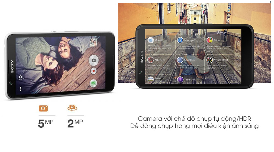 <p>Sony trang bị cho E4 một camera 5.0MP ở ph&iacute;a sau v&agrave; một camera 2.0MP ở ph&iacute;a trưởc c&ugrave;ng nhiều tiện t&iacute;ch đi k&egrave;m, điều n&agrave;y gi&uacute;p việc chụp ảnh trở n&ecirc;n tiện lợi, đ&aacute;p ứng đủ nhu cầu căn bản người d&ugrave;ng</p>