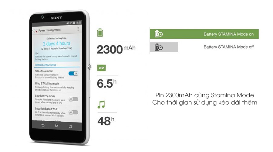 <p>Pin Li-ion 2300mAh c&ugrave;ng Stamina Mode gi&uacute;p cho việc sử dụng th&ecirc;m thoải m&aacute;i, x&oacute;a tan nỗi lo hết pin</p>