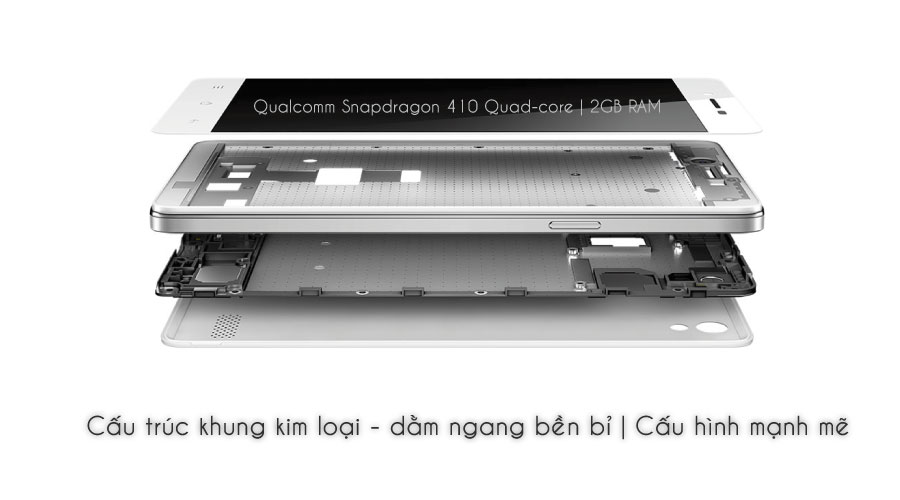 Mirror 5 có khung kim loại chắc chắn được gia công tỉ mỉ. Bên trong là vi xử lý Snapdragon 410, RAM 2GB cho khả năng vận hành mạnh mẽ.