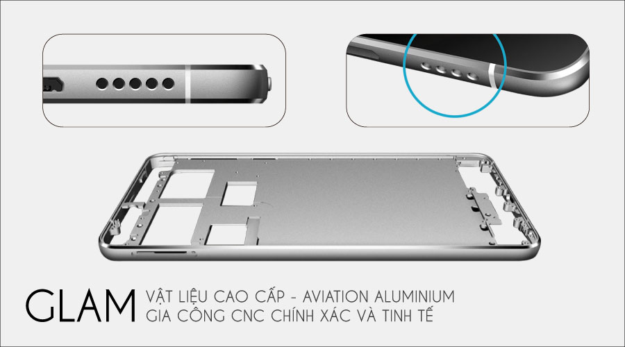 <p>GLAM d&ugrave;ng khung kim loại được CNC ch&iacute;nh x&aacute;c từ vật liệu h&agrave;ng kh&ocirc;ng, kết hợp với k&iacute;nh Gorrila Glass 3 cho sản phẩm chắn chắn, bền bỉ v&agrave; tăng th&ecirc;m sự sang trọng</p>