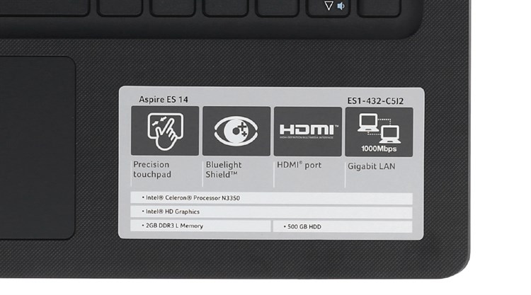 Laptop Acer Aspire ES1 432 C5J2 N3350/2GB/500GB/Win10/(NX.GFSSV.004) EOL Màu Đen
