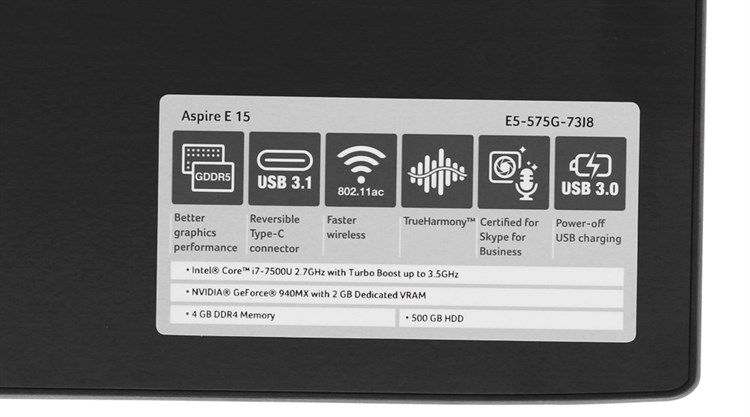 Laptop Acer Aspire E5 575G 73J8 i7 7500U/4GB/500GB/2GB 940MX/Win10/(NX.GDWSV.012) Màu Đen