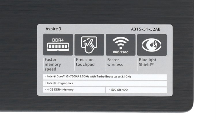 Laptop Acer Aspire A315 51 52AB i5 7200U/4GB/500GB/Win10/(NX.GNPSV.018) Màu Đen