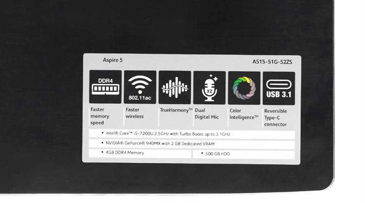 Laptop Acer Aspire A515 51G 52ZS i5 7200U/4GB/500GB/2GB 940MX/Win10/(NX.GP5SV.004) Màu Đen