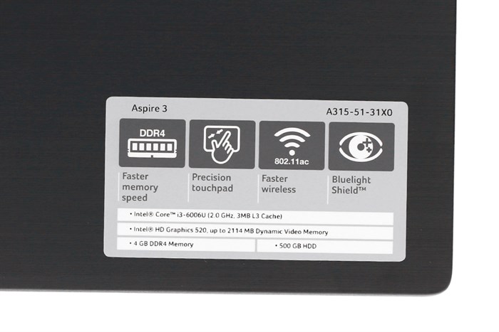 Laptop Acer Aspire A315 51 31X0 i3 6006U/4GB/500GB/Win10/(NX.GNPSV.016) Màu Đen