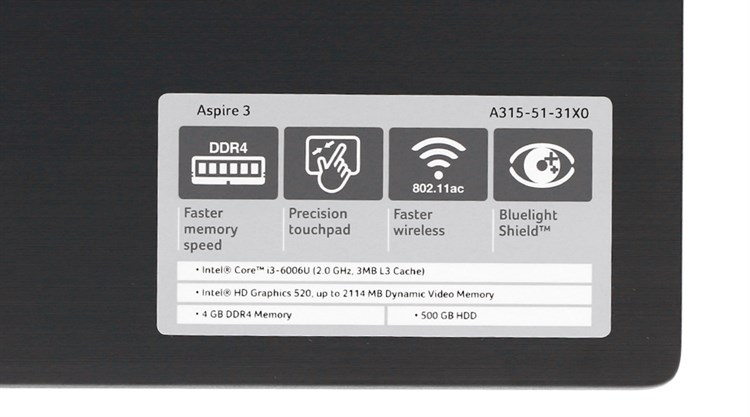 Laptop Acer Aspire A315 51 31X0 i3 6006U/4GB/500GB/Win10/(NX.GNPSV.016)