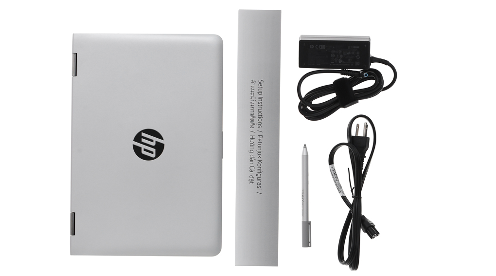 Bộ sản phẩm gồm: Dây nguồn, Sách hướng dẫn, Bút cảm ứng ( kèm pin AAA ) , Thùng máy, Sạc Laptop HP