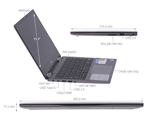 Dell Inspiron 7373 Core i7, Màn hình cảm ứng - Xoay gập 360 độ