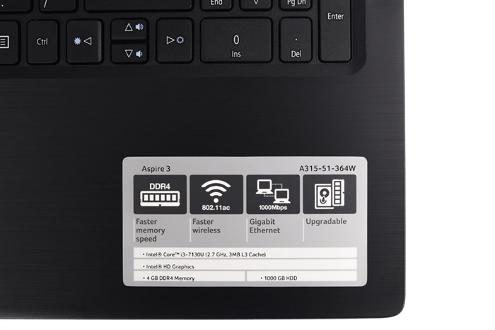 Laptop Acer Aspire A315 51 364W i3 7130U/4GB/1TB/Dos/(NX.GNPSV.025) Màu Đen