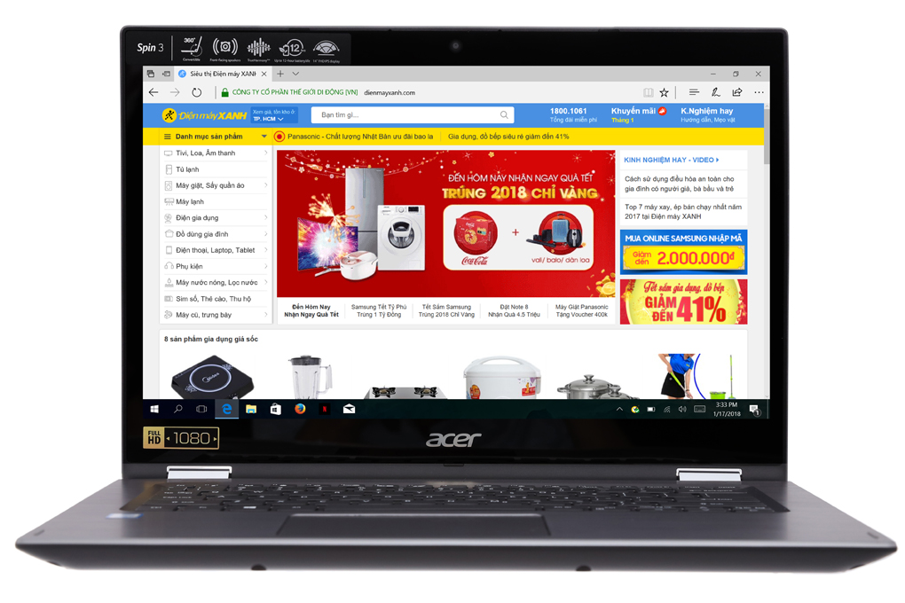 Laptop Acer Spin 3 SP314 51 39WK i3 7130U/4GB/500GB/Win10 (NX.GUWSV.001) Màu Xám
