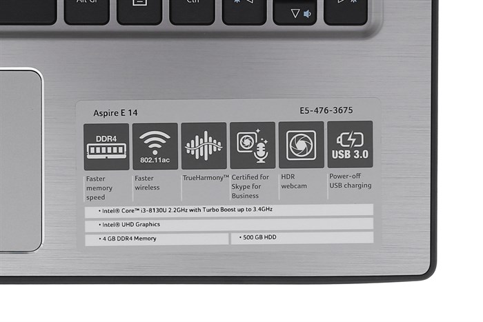 Laptop Acer Aspire E5 476 i3 8130U/4GB/500GB/Win10 (NX.GWTSV.002) Màu Xám