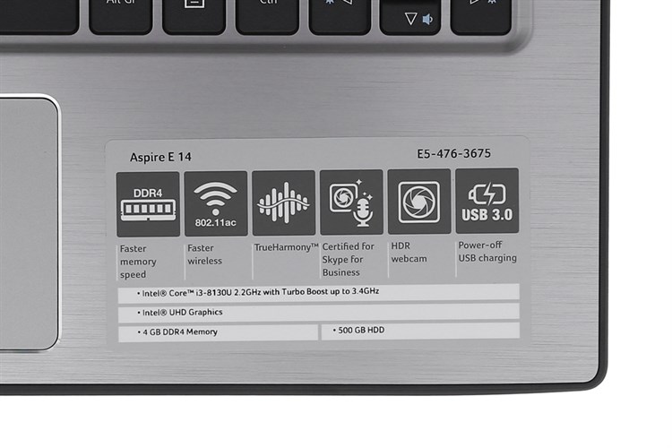 Laptop Acer Aspire E5 476 i3 8130U/4GB/500GB/Win10 (NX.GWTSV.002) Màu Xám