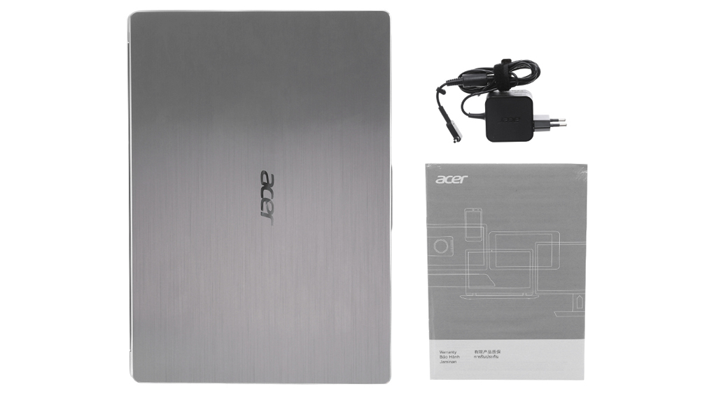 Bộ sản phẩm gồm: Dây nguồn, Sách hướng dẫn, Thùng máy, Sạc Laptop Acer