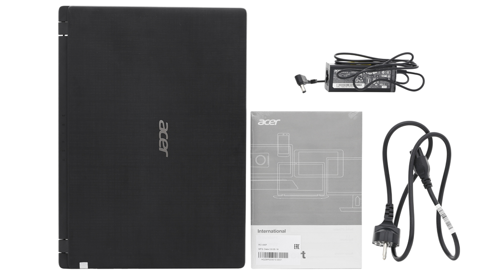 Bộ sản phẩm gồm: Dây nguồn, Sách hướng dẫn, Thùng máy, Sạc Laptop Acer