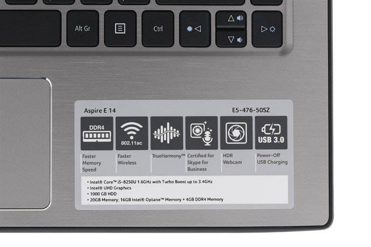 Laptop Acer Aspire E5 476 50SZ i5 8250U/4GB+16GB/1TB/Win10 (NX.H33SV.001) Màu Xám