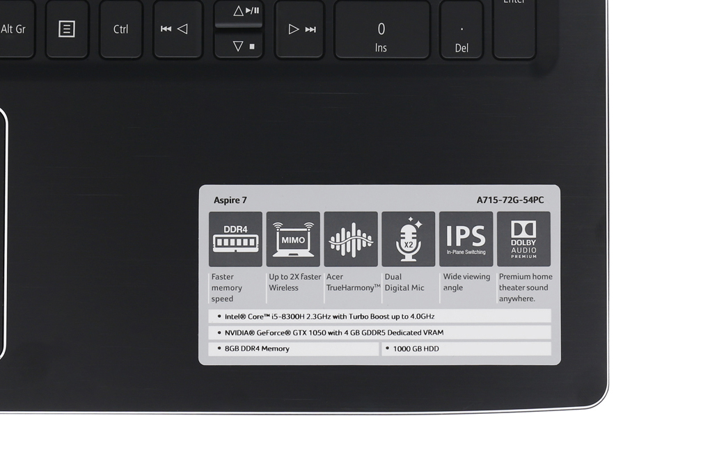 Laptop Acer Aspire A715 72G 54PC i5 8300H/8GB/1TB/4GB GTX1050/Win10 (GXBSV.003) Màu Đen