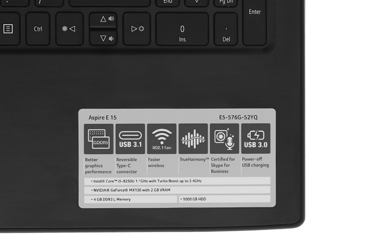 Laptop Acer Aspire E5 576G 52YQ i5 8250U/4GB/1TB/2GB MX130/Win10 (NX.GWNSV.001) Màu Đen