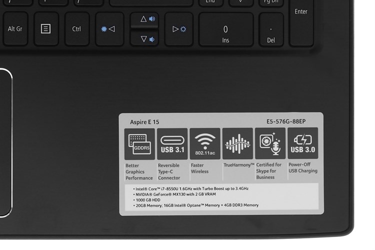 Laptop Acer Aspire E5 576G 88EP i7 8550U/4GB+16GB/1TB/2GB MX130/Win10 (NX.H2ESV.001) Màu Đen