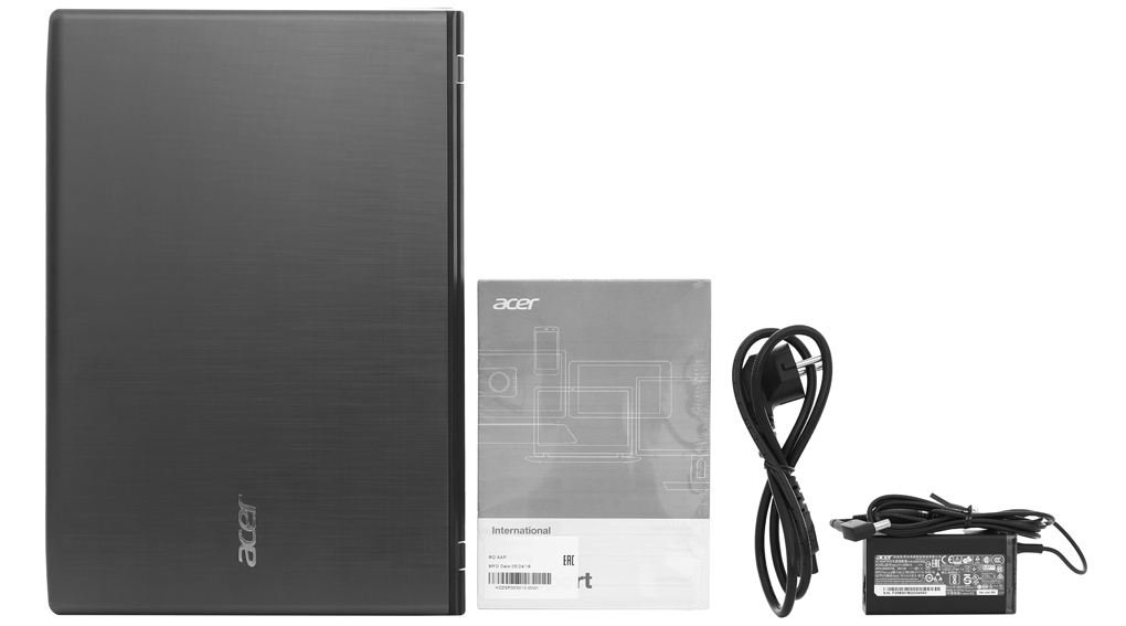 Bộ sản phẩm gồm: Dây nguồn, Sách hướng dẫn, Thùng máy, Sạc Laptop Acer