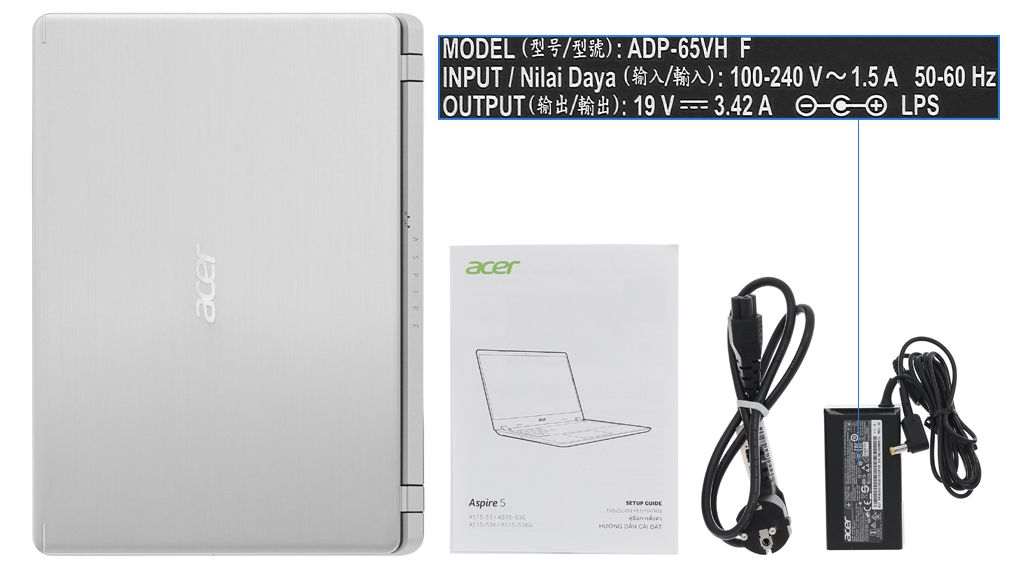 Bộ sản phẩm gồm: Sách hướng dẫn, Thùng máy, Sạc Laptop Acer