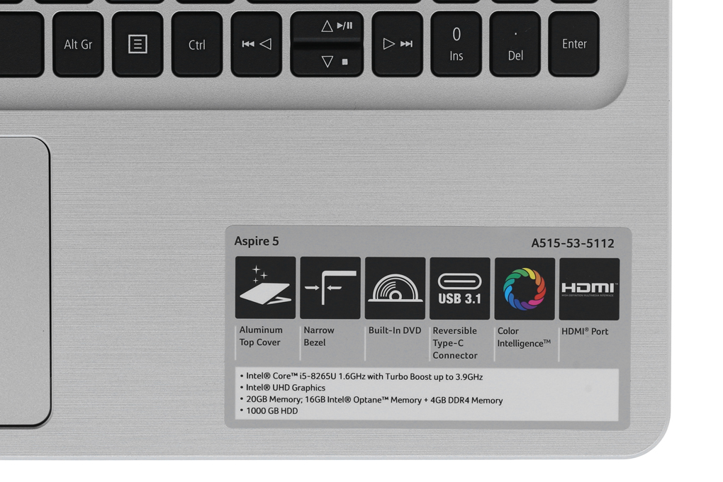 Laptop Acer Aspire A515 53 5112 i5 8265U/4GB+16GB/1TB/Win10 (NX.H6DSV.002) Màu Bạc