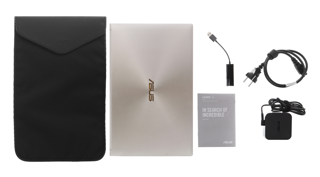 Bộ sản phẩm gồm: Dây nguồn, Bao da, Thùng máy, Cáp, Sạc Laptop Asus