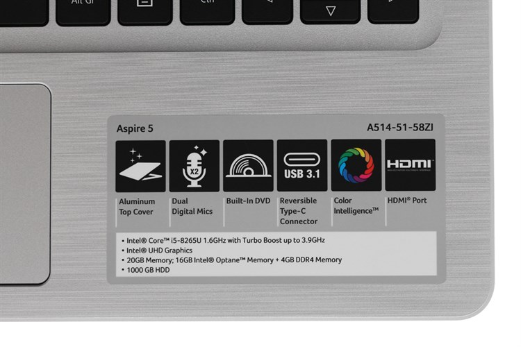 Laptop Acer Aspire A514 51 58ZJ i5 8265U/4GB+16GB/1TB/Win10 (NX.H6XSV.001) Màu Bạc