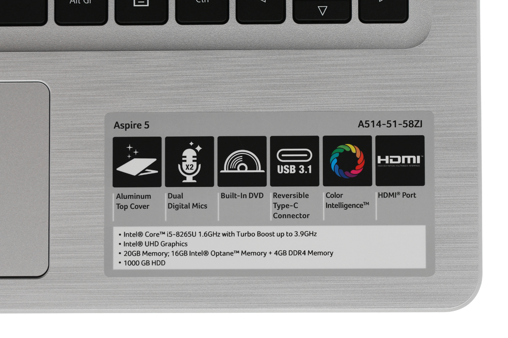 Laptop Acer Aspire A514 51 58ZJ i5 8265U/4GB+16GB/1TB/Win10 (NX.H6XSV.001) Màu Bạc