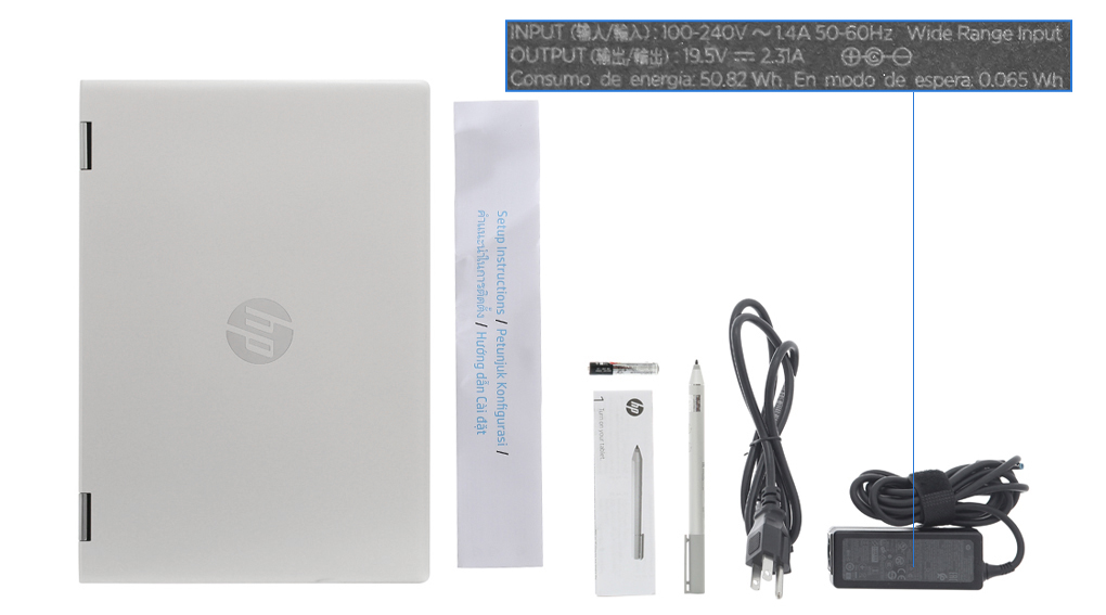 Bộ sản phẩm gồm: Pin ( Pin tiểu ) , Dây nguồn, Sách hướng dẫn, Bút cảm ứng, Thùng máy, Sạc Laptop HP