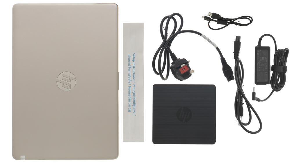 Bộ sản phẩm gồm: Dây nguồn ( 2 dây ) , Sách hướng dẫn, Ổ DVD gắn ngoài, Thùng máy, Cáp ( Kết nối ổ đĩa ) , Sạc Laptop HP