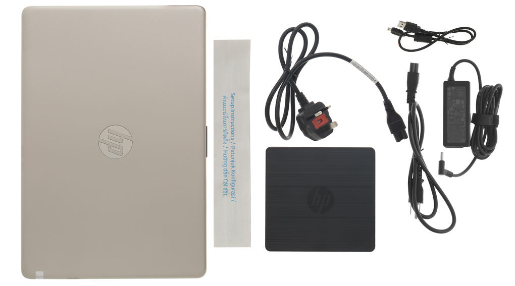 Bộ sản phẩm gồm: Dây nguồn ( 2 dây ) , Sách hướng dẫn, Ổ DVD gắn ngoài, Thùng máy, Cáp ( Kết nối ổ cứng ) , Sạc Laptop HP