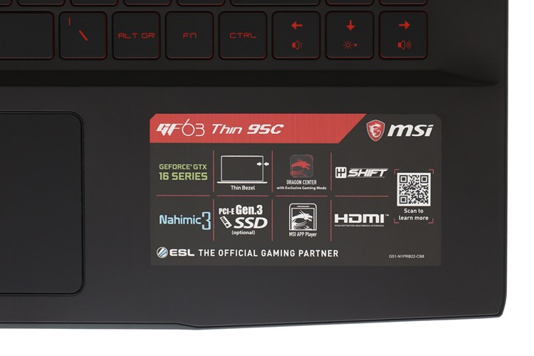 Laptop MSI Gaming 15 GF63 9SC i7 9750H/8GB/256GB/4GB GTX1650/Win10 (070VN) Màu Đen
