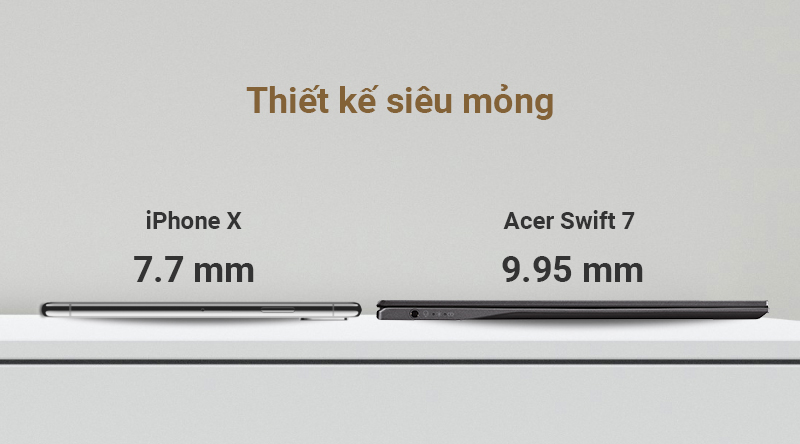 Acer Swift 7 có thiết kế siêu mỏng chỉ 9.95 mm, nhỉnh hơn iPhone X một chút.