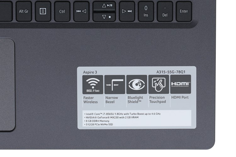 Laptop Acer Aspire A315 55G 78Q1 i7 8565U/8GB/512GB/2GB MX230/Win10 (NX.HEDSV.003) Màu Đen