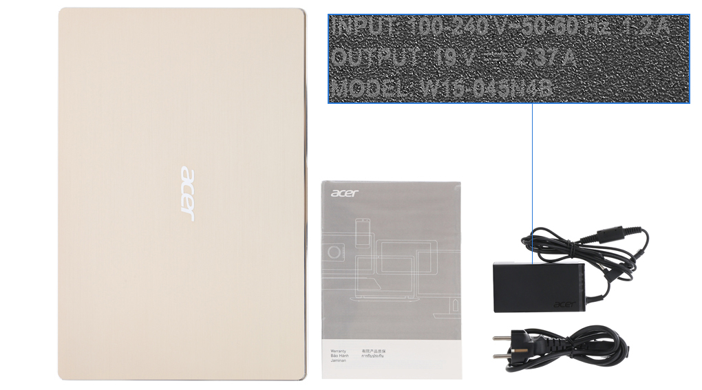 Bộ sản phẩm gồm: Sách hướng dẫn, Thùng máy, Sạc Laptop Acer