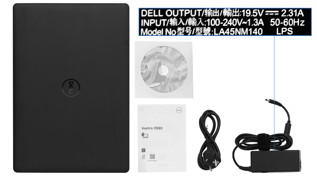 Bộ sản phẩm gồm: Sách hướng dẫn, Thùng máy, Sạc Laptop Dell