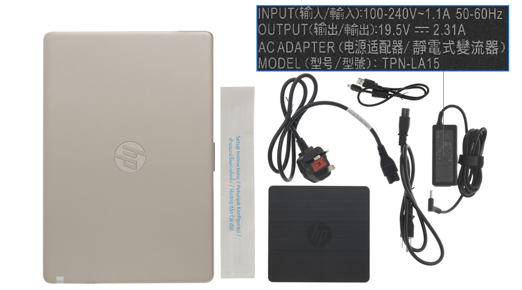 Bộ sản phẩm gồm: Dây nguồn ( 2 dây ) , Sách hướng dẫn, Ổ DVD gắn ngoài, Thùng máy, Cáp ( Kết nối ổ cứng ) , Sạc Laptop HP