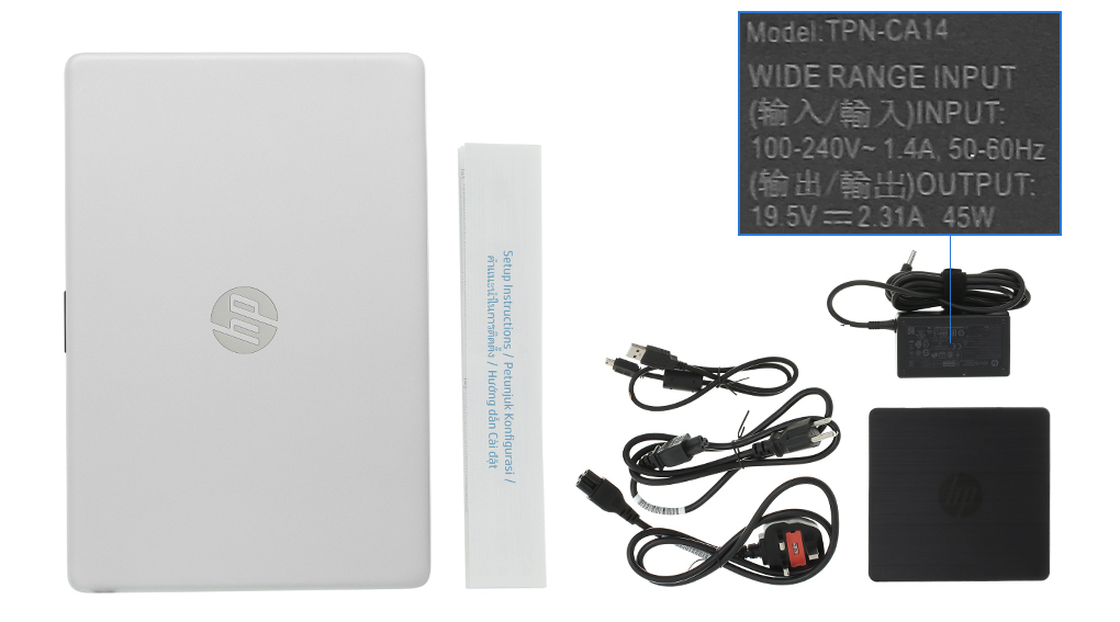 Bộ sản phẩm gồm: Dây nguồn ( 2 dây ) , Sách hướng dẫn, Ổ DVD gắn ngoài, Thùng máy, Cáp ( Kết nối ổ đĩa ) , Sạc Laptop HP