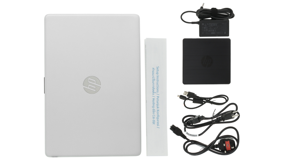 Bộ sản phẩm gồm: Dây nguồn ( 2 dây ) , Sách hướng dẫn, Ổ DVD gắn ngoài, Thùng máy, Cáp ( Kết nối ổ đĩa ) , Sạc Laptop HP