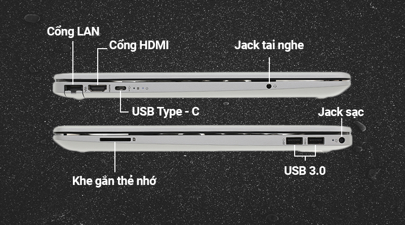Laptop HP 15s du0042TX có đủ các cổng thông tin như USB 3.0, LAN, USB Type-C, HDMI,..