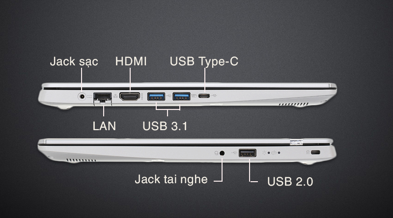 Laptop Acer Aspire A514 52 516K có đủ cổng kết nối cơ bản