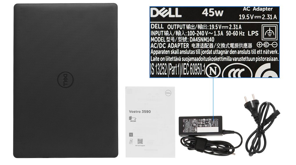 Bộ sản phẩm gồm: Sách hướng dẫn, Thùng máy, Sạc Laptop Dell